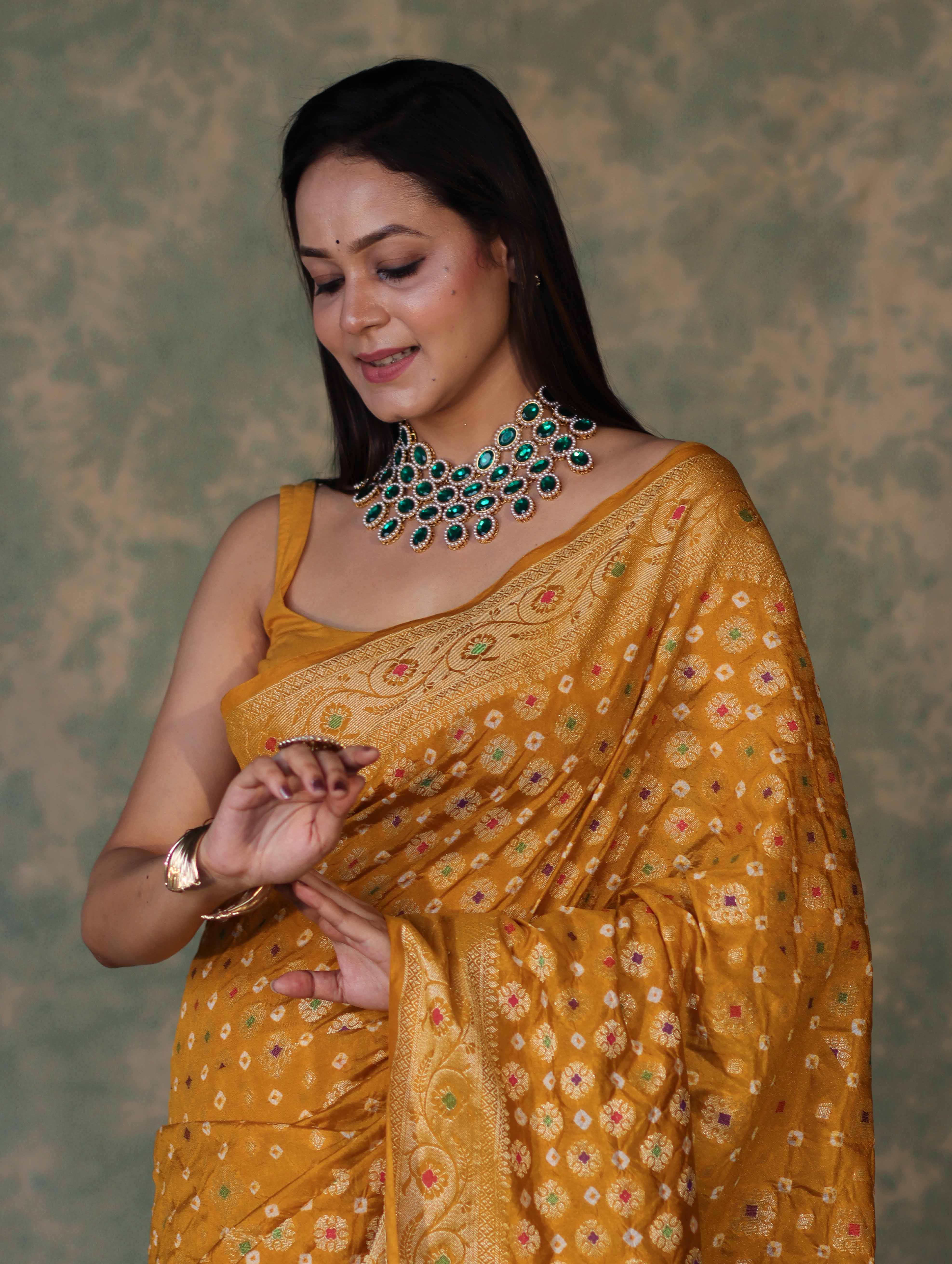 Banarasee Handloom Semi Silk Bandhej Saree With Broad Zari Floral Border-Mustard Yellow