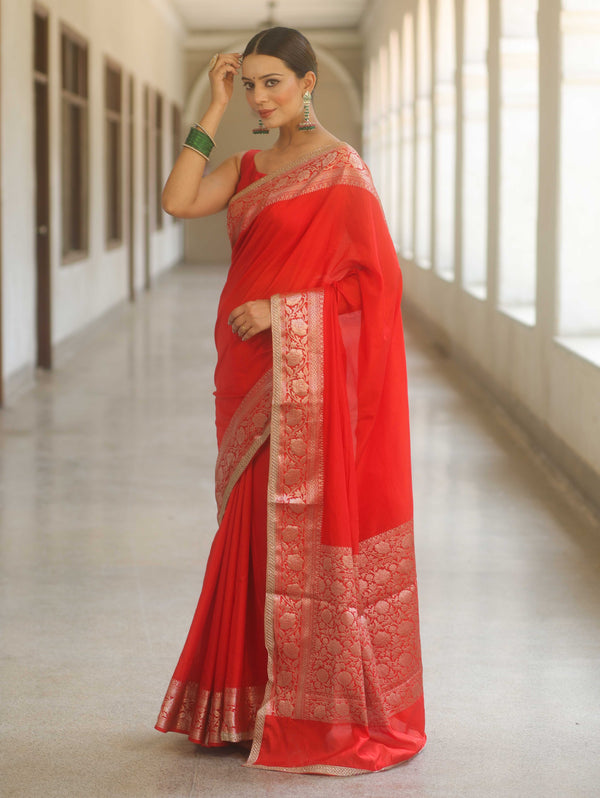 Banarasee Handwoven Semi Silk Saree With Silver Zari Border & Lace-Red