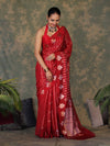 Banarasee Handloom Georgette Saree With Sona Rupa Zari Work & Checks Design-Red
