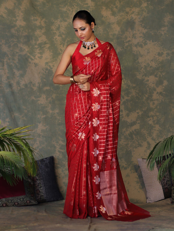 Banarasee Handloom Georgette Saree With Sona Rupa Zari Work & Checks Design-Red