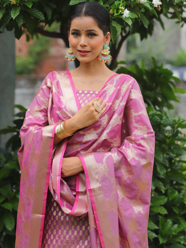 Banarasee Salwar Kameez Semi Katan Silk Fabric With Zari Work-Purple (Pink Tone)