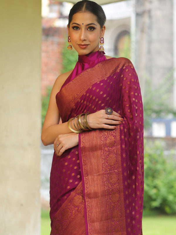 Banarasee Chiffon Floral Zari Buti & Border Saree-Magenta