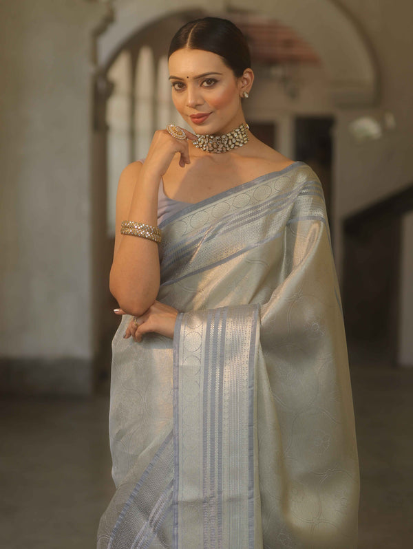 Banarasee Handwoven Tissue Saree With Zari Design & Broder-Grey