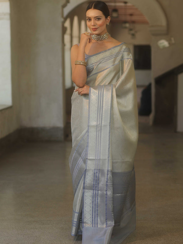 Banarasee Handwoven Tissue Saree With Zari Design & Broder-Grey