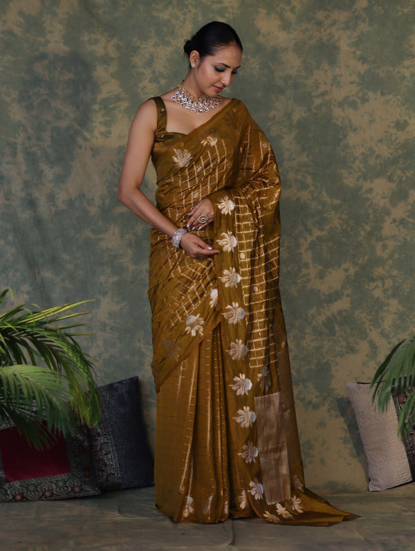 Banarasee Handloom Georgette Saree With Sona Rupa Zari Work & Checks Design-Dark Yellow