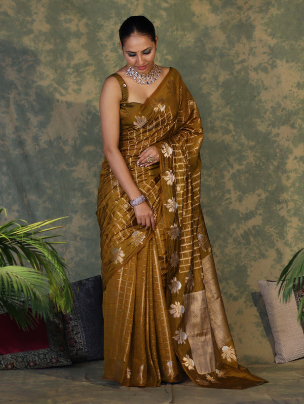 Banarasee Handloom Georgette Saree With Sona Rupa Zari Work & Checks Design-Dark Yellow