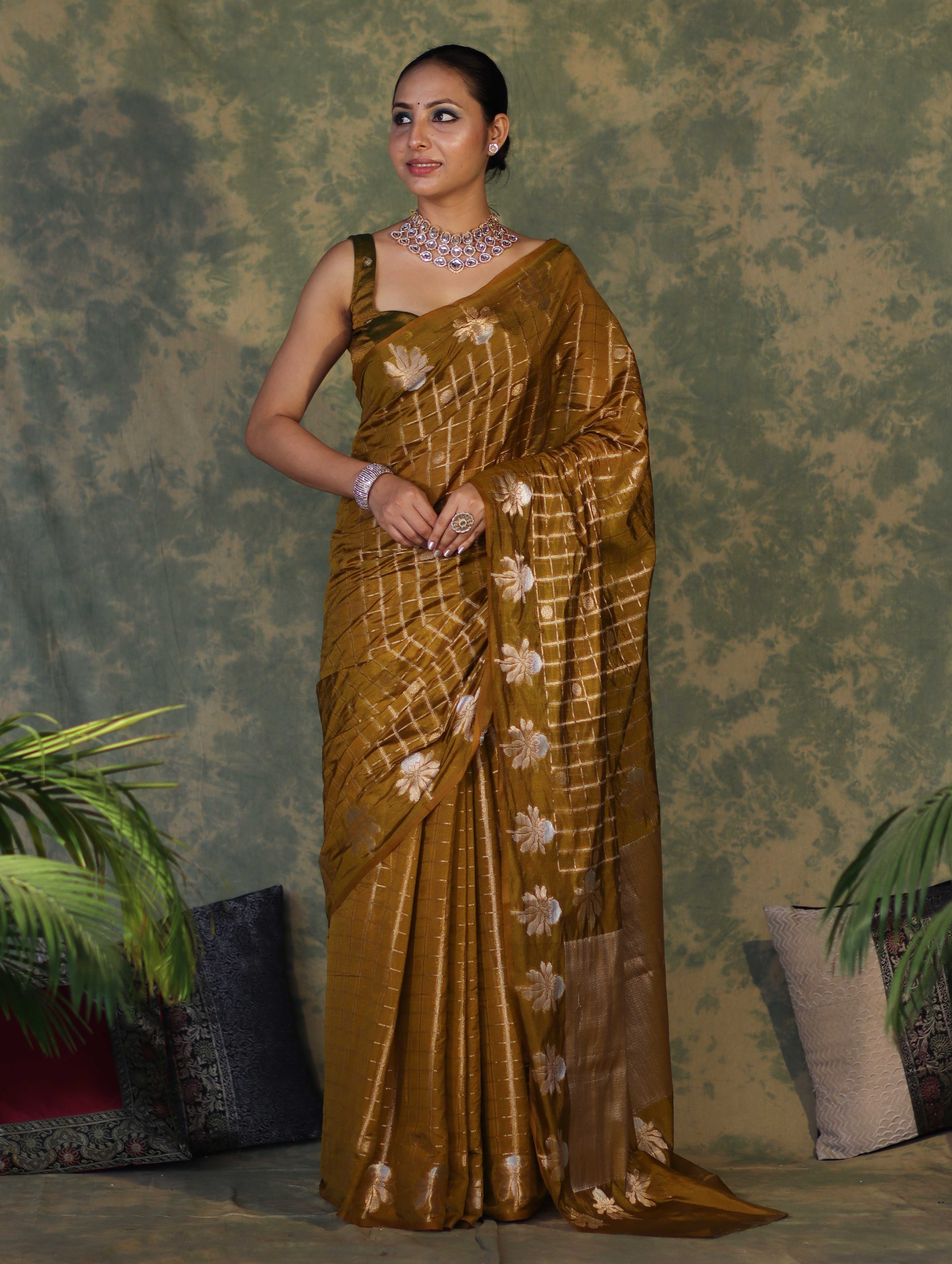 Banarasee Handloom Georgette Saree With Sona Rupa Zari Work & Checks Design-Dark Yellow