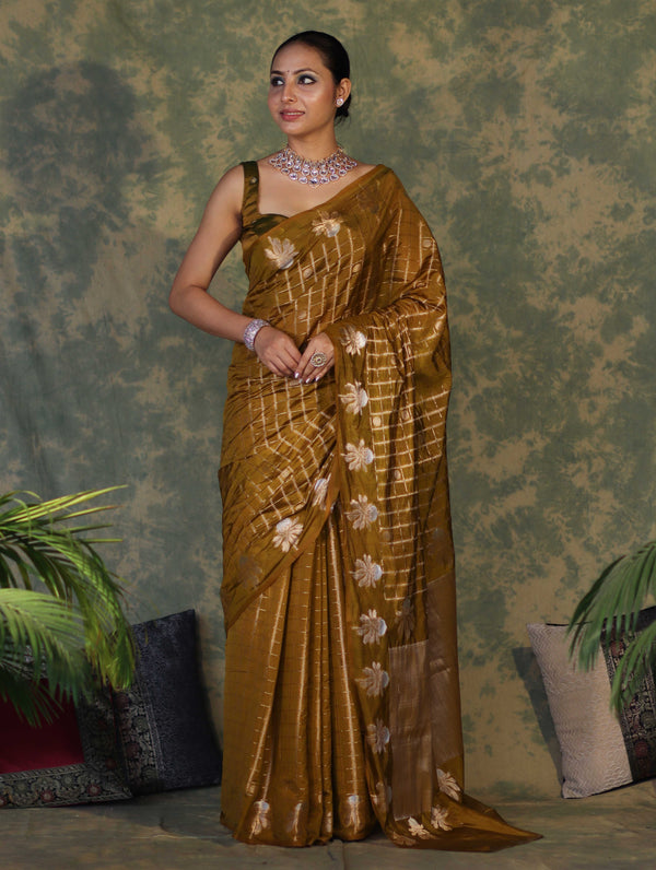 Banarasee Handloom Georgette Saree With Sona Rupa Zari Work & Checks Design-Dark Yellow