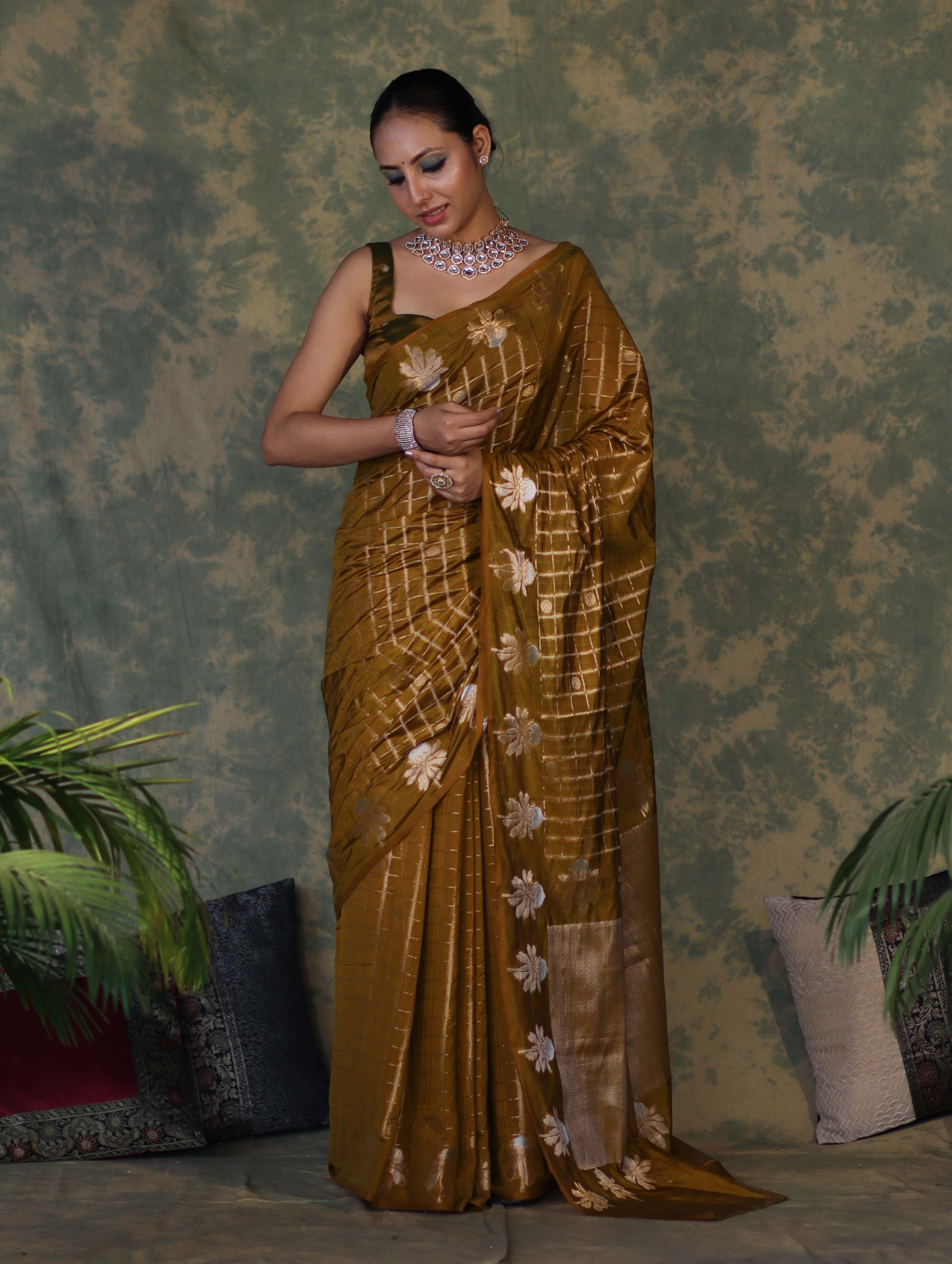 Banarasee Handloom Georgette Saree With Sona Rupa Zari Work & Checks Design-Dark Yellow