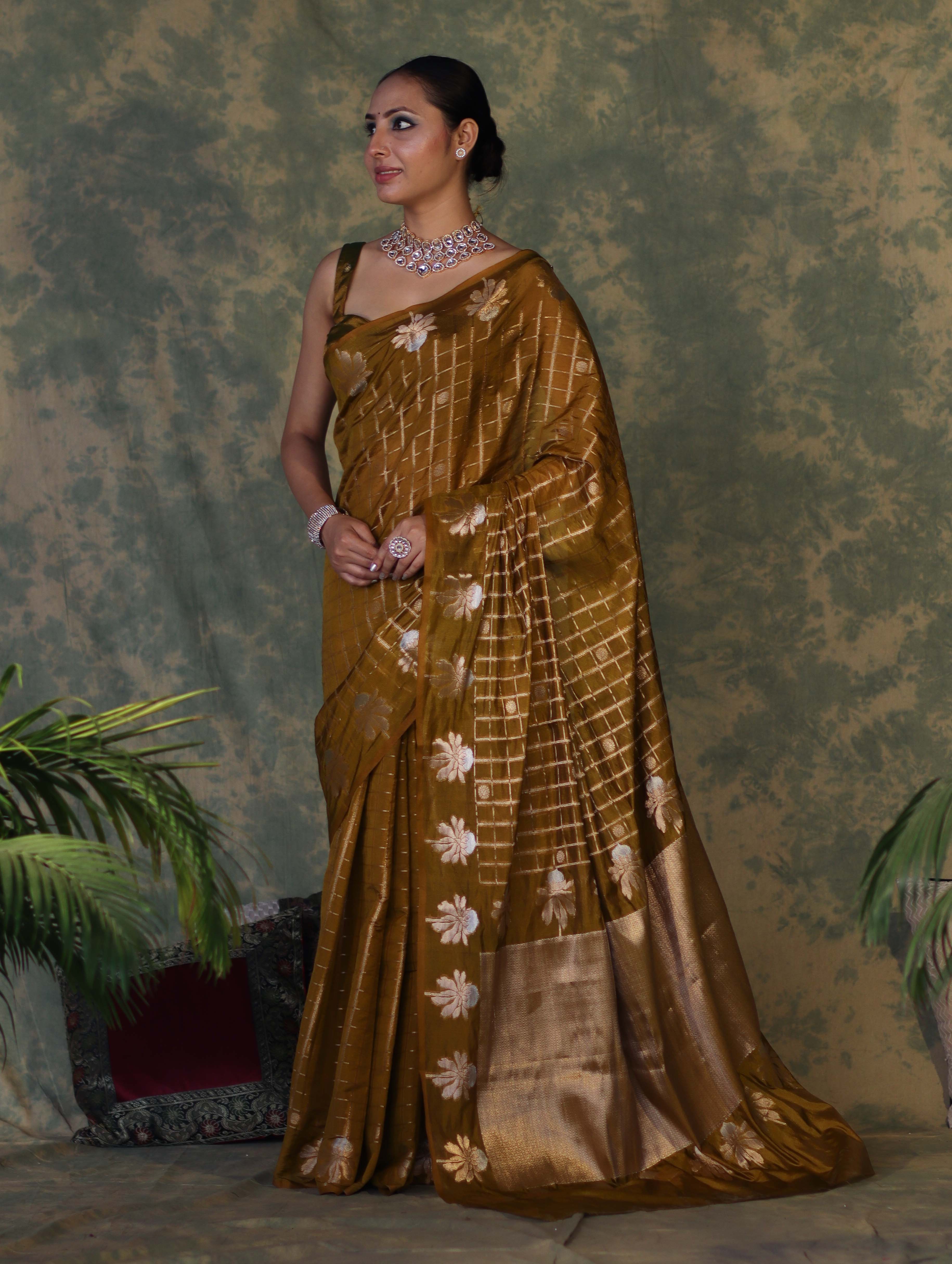 Banarasee Handloom Georgette Saree With Sona Rupa Zari Work & Checks Design-Dark Yellow