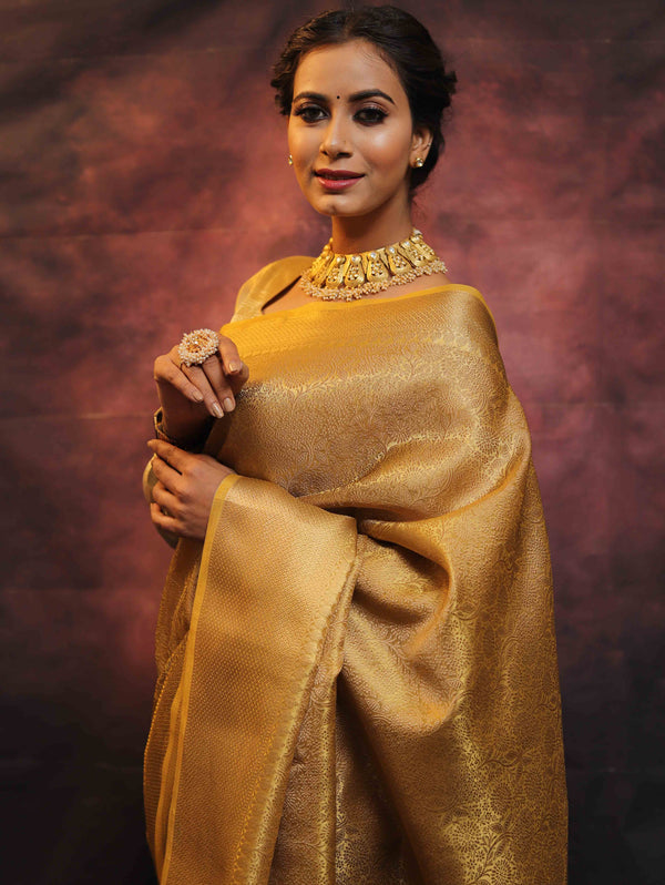 Banarasee Handwoven Tissue Tanchoi Zari Border Saree-Gold