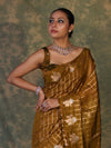 Banarasee Handloom Georgette Saree With Sona Rupa Zari Work & Checks Design-Dark Yellow