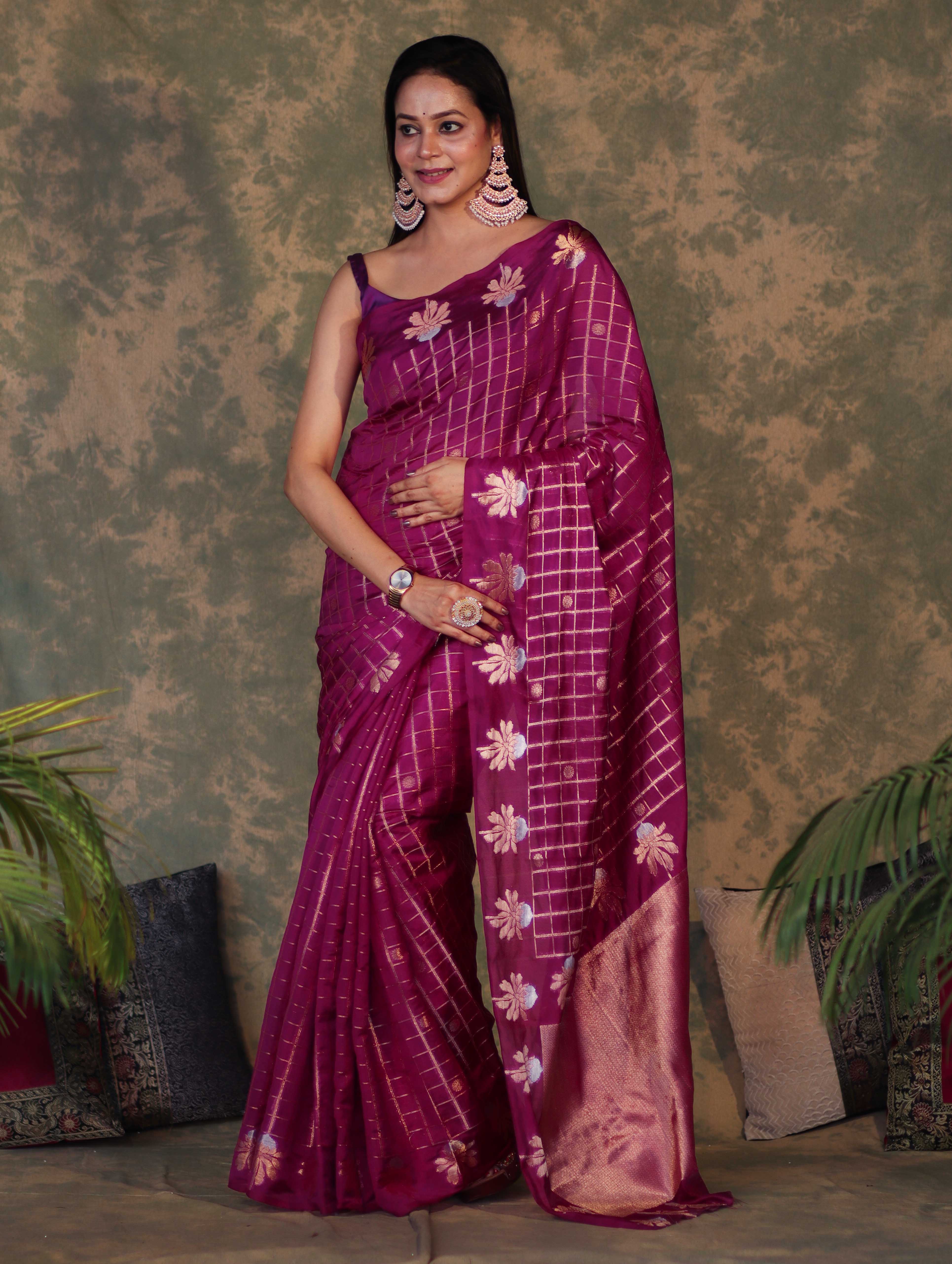Banarasee Handloom Georgette Saree With Sona Rupa Zari Work & Checks Design-Violet