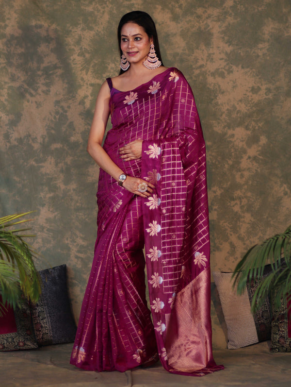 Banarasee Handloom Georgette Saree With Sona Rupa Zari Work & Checks Design-Violet