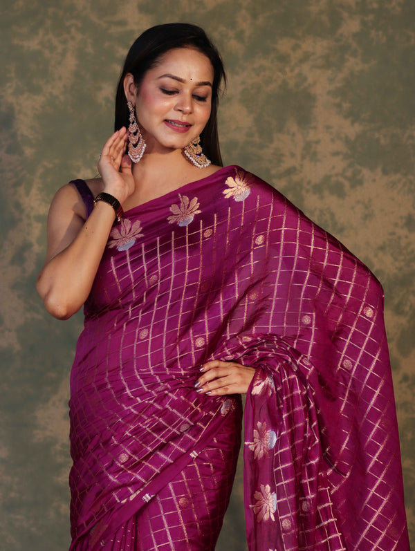 Banarasee Handloom Georgette Saree With Sona Rupa Zari Work & Checks Design-Violet