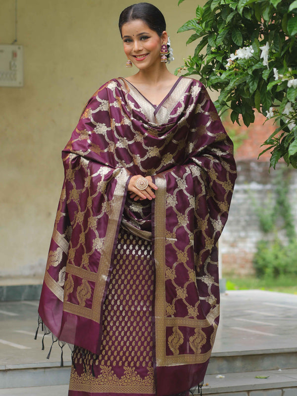 Banarasee Salwar Kameez Semi Katan Silk Fabric With Zari Work-Wine