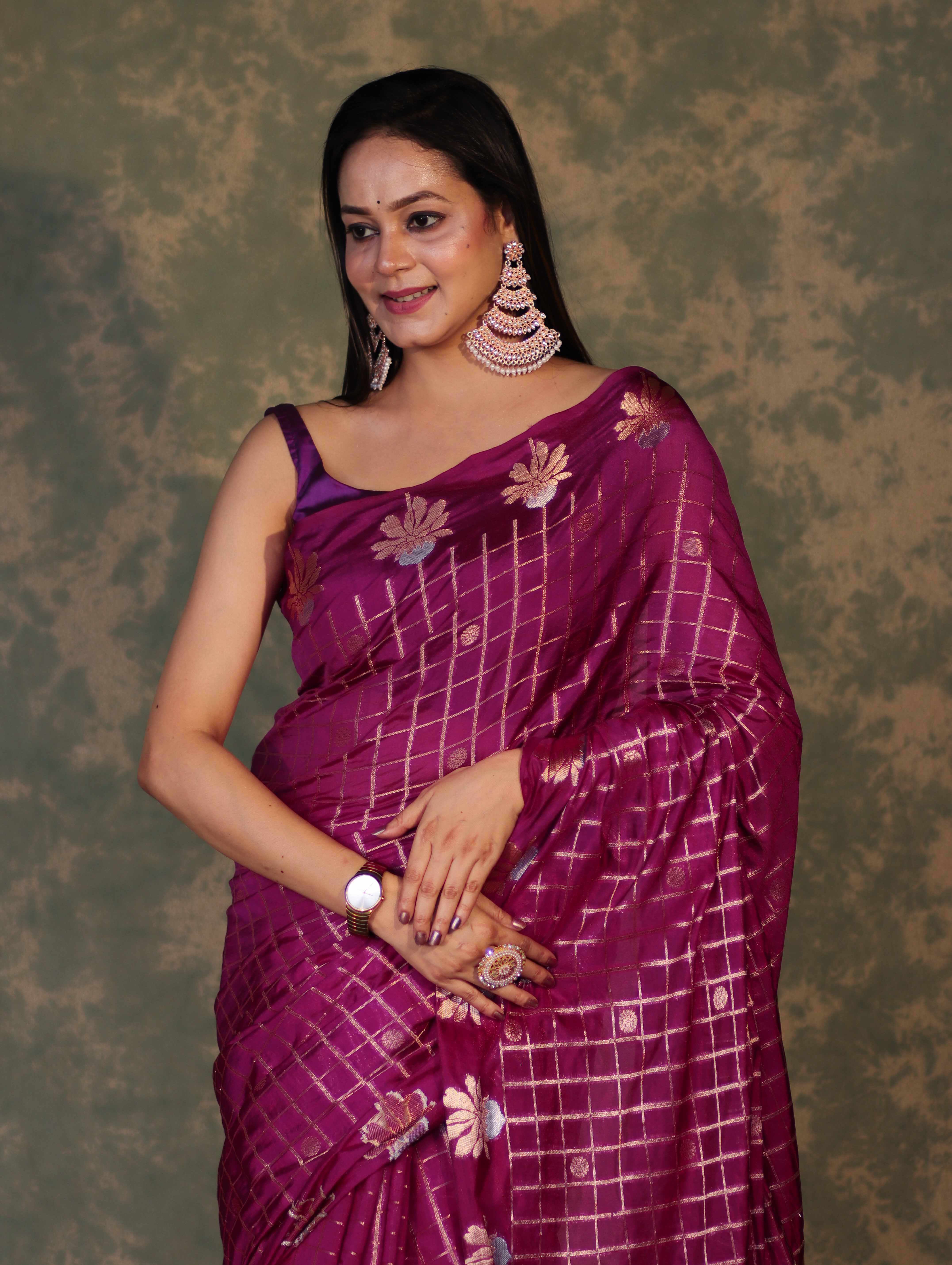 Banarasee Handloom Georgette Saree With Sona Rupa Zari Work & Checks Design-Violet