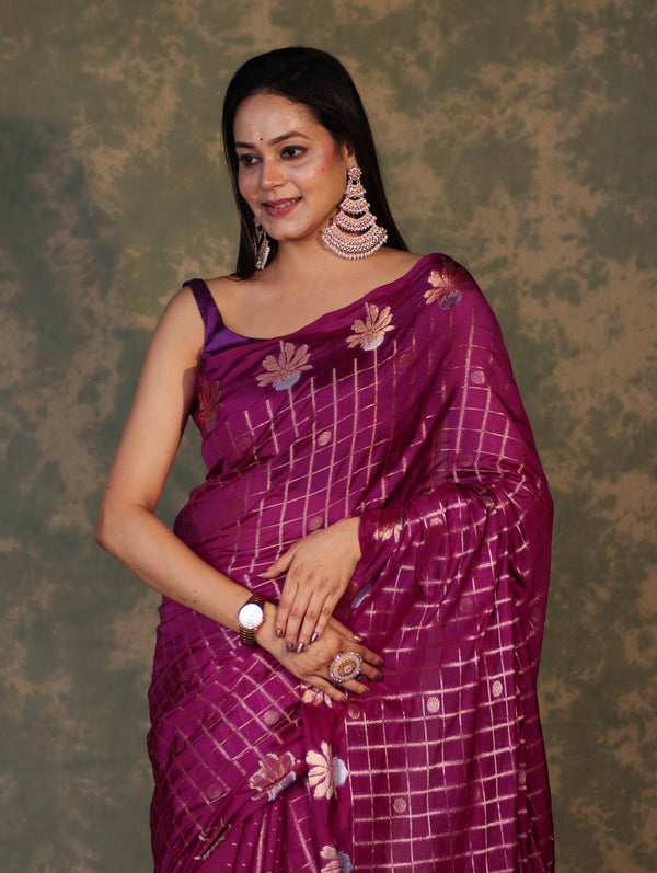 Banarasee Handloom Georgette Saree With Sona Rupa Zari Work & Checks Design-Violet