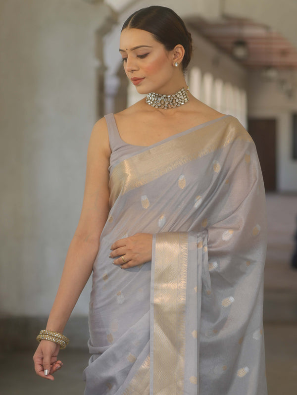 Banarasee Handwoven Semi Silk Saree With Zari Border-Grey