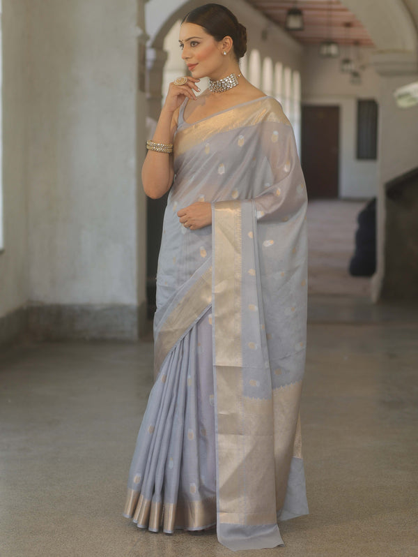 Banarasee Handwoven Semi Silk Saree With Zari Border-Grey