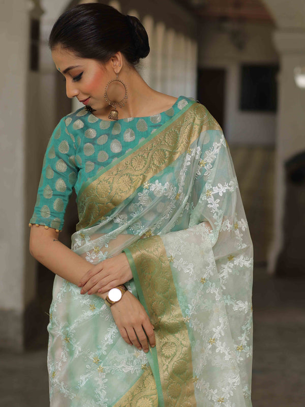 Banarasee Handwoven Organza Silk With Embroidered Saree-Green & White