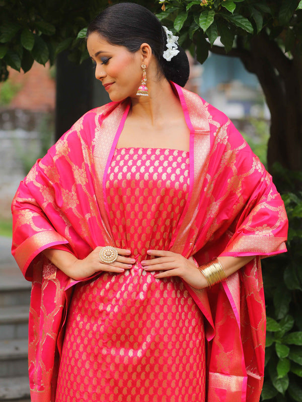 Banarasee Salwar Kameez Semi Katan Silk Fabric With Zari Work-Pink