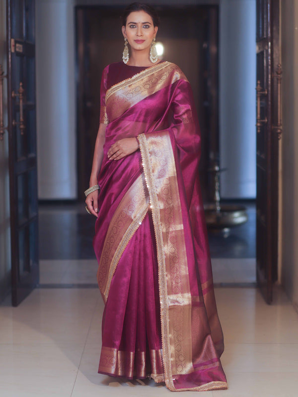 Banarasee Handwoven Plain Tissue Saree Zari Border With Lace-Magenta
