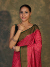 Banarasee Handloom Soft Cotton Saree With Resham Work & Contrast Border-Pink & Green