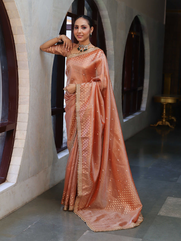Banarasee Handwoven Tissue Saree With Zari Buti Design Border & Lace-Peach
