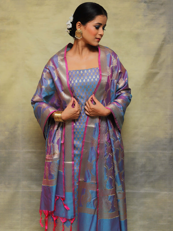Banarasee Salwar Kameez Semi Katan Silk Fabric With Zari Work-Blue (Pink Tone)