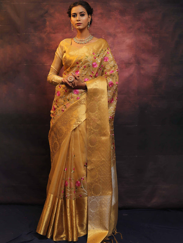 Banarasee Handwoven Broad Border Tissue Saree With Embroidered Floral Design-Gold