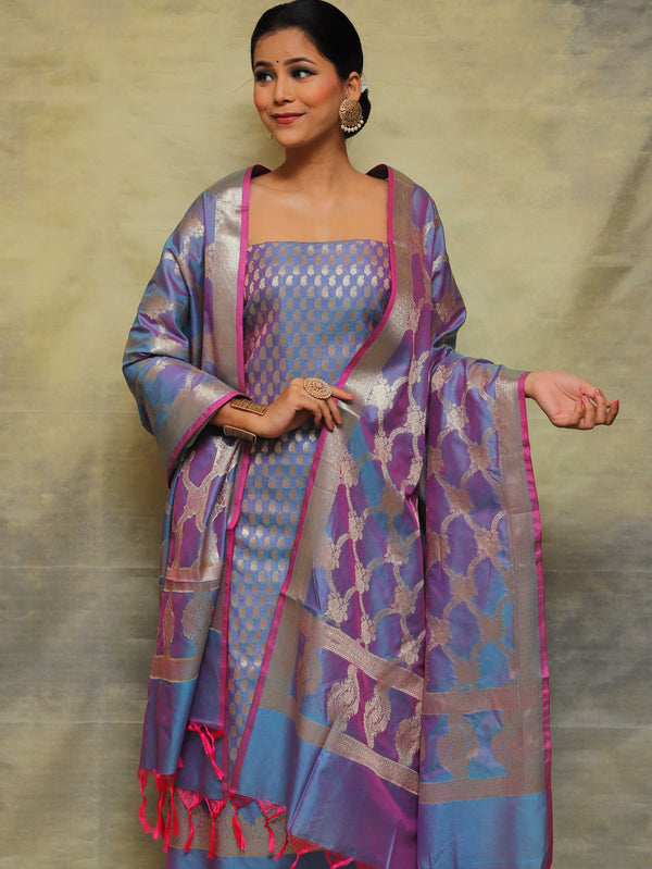 Banarasee Salwar Kameez Semi Katan Silk Fabric With Zari Work-Blue (Pink Tone)
