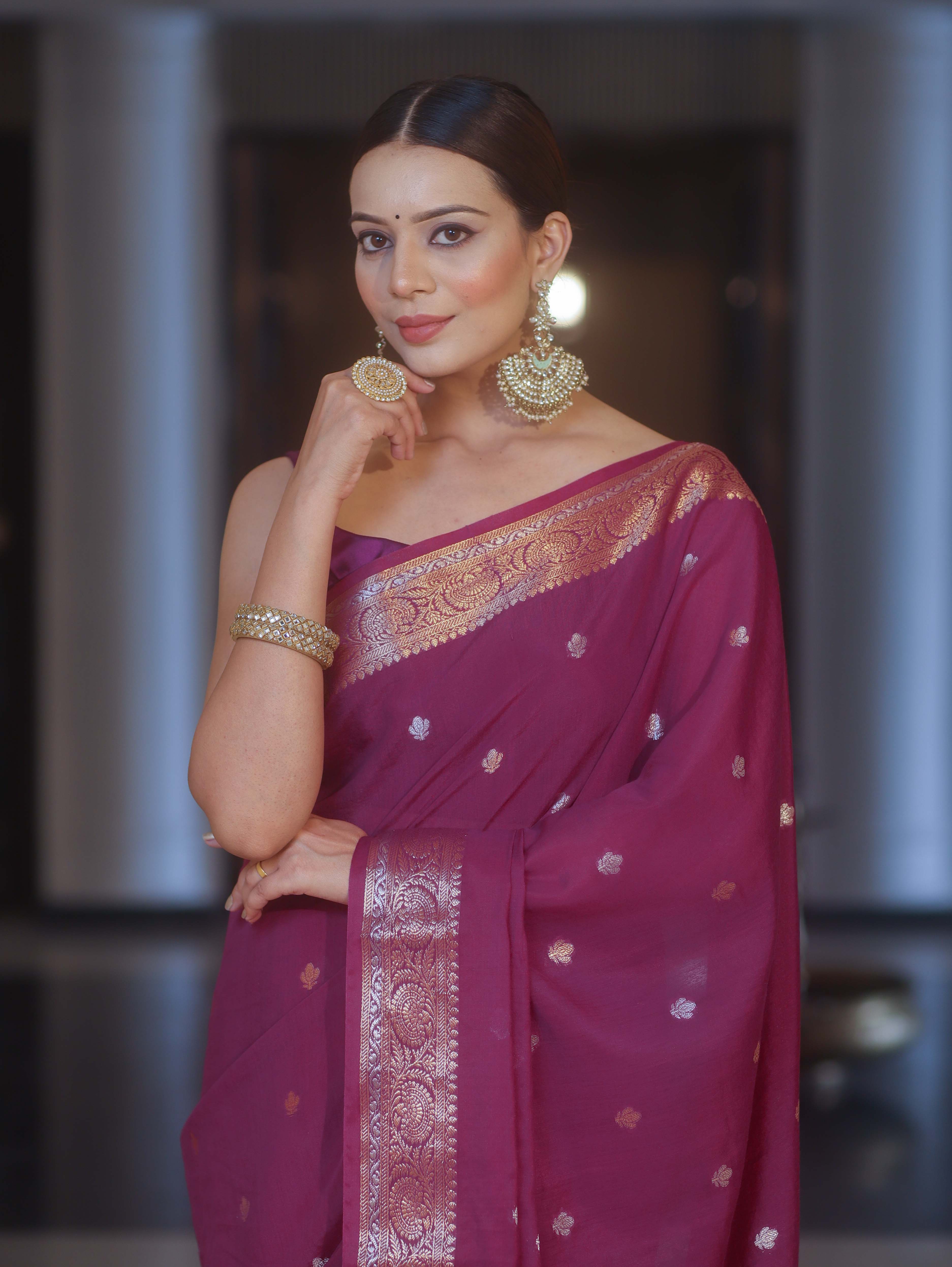 Banarasee Handwoven Semi Silk Saree With Zari Buti & Border-Violet