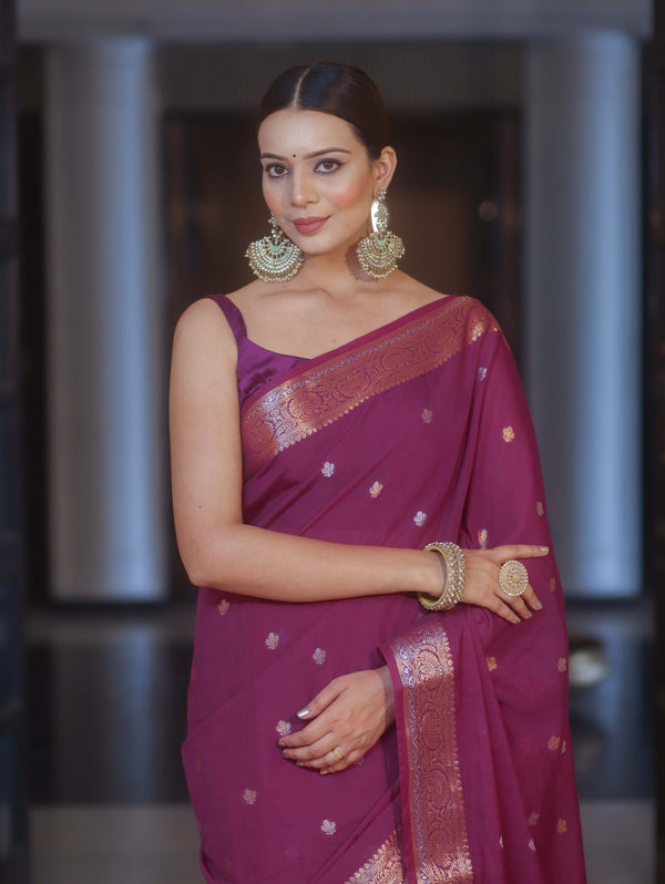 Banarasee Handwoven Semi Silk Saree With Zari Buti & Border-Violet