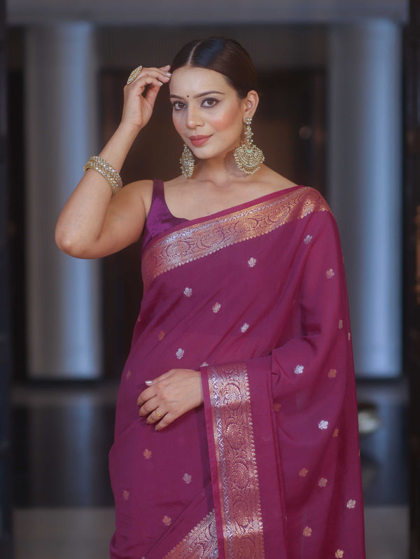 Banarasee Handwoven Semi Silk Saree With Zari Buti & Border-Violet