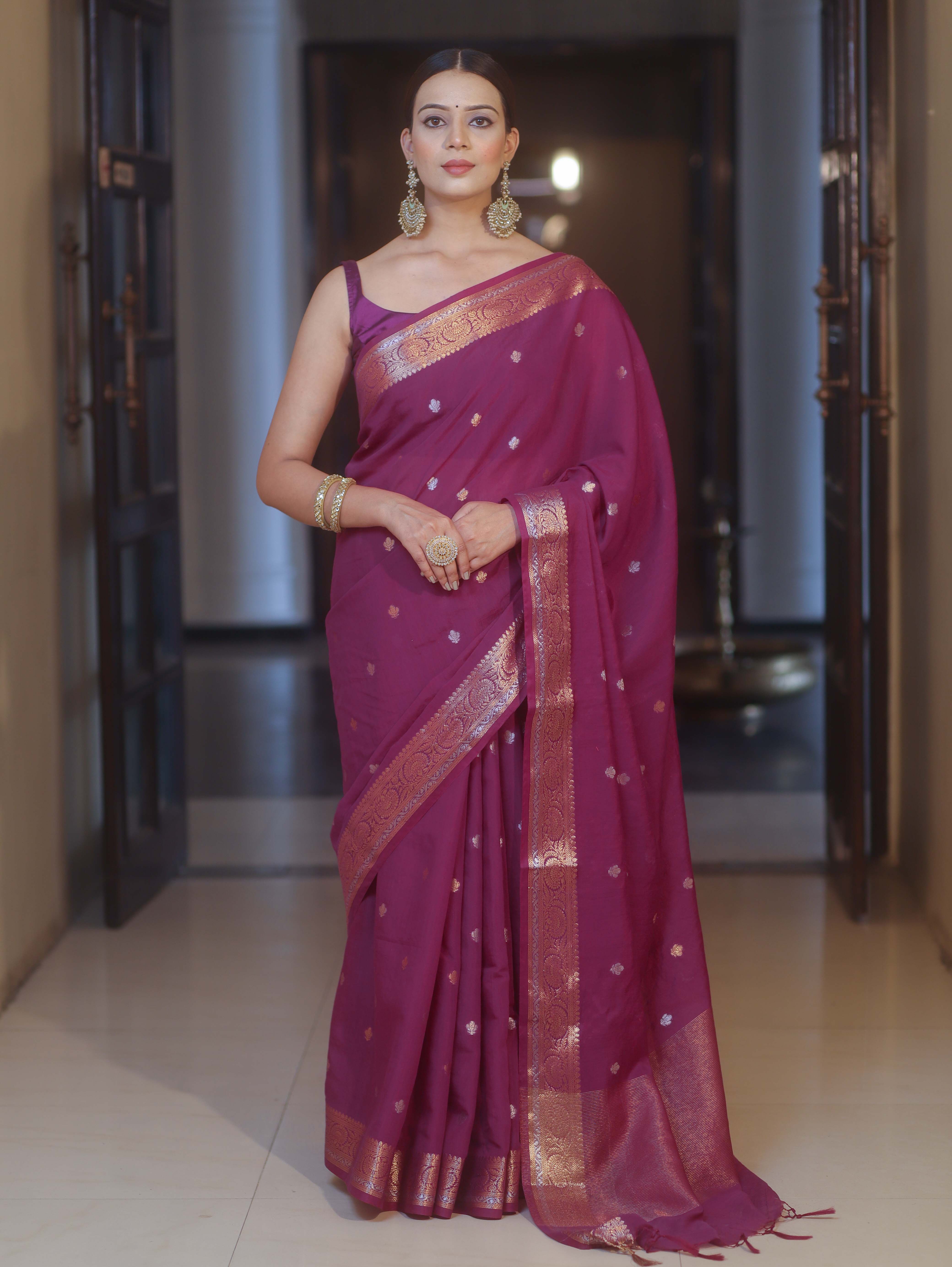 Banarasee Handwoven Semi Silk Saree With Zari Buti & Border-Violet