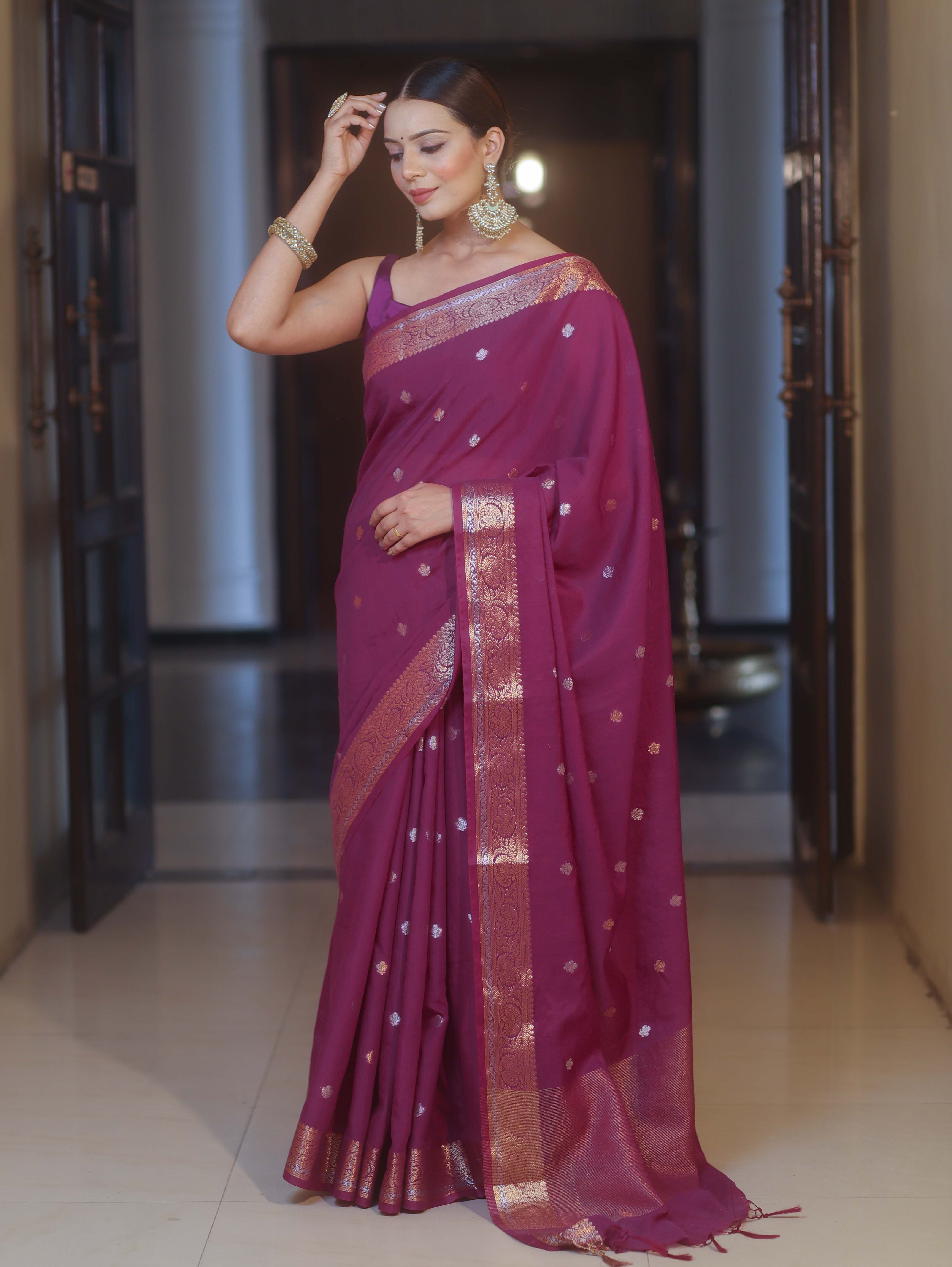 Banarasee Handwoven Semi Silk Saree With Zari Buti & Border-Violet