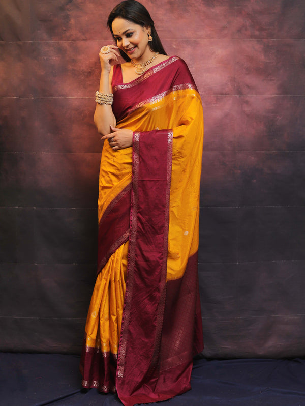 Banarasee Handwoven Semi Silk Saree With Broad Border-Yellow & Maroon