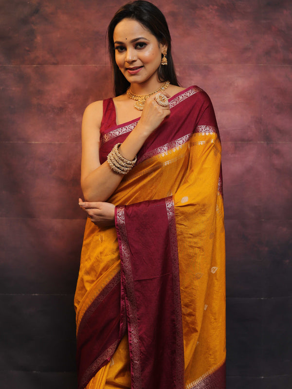 Banarasee Handwoven Semi Silk Saree With Broad Border-Yellow & Maroon