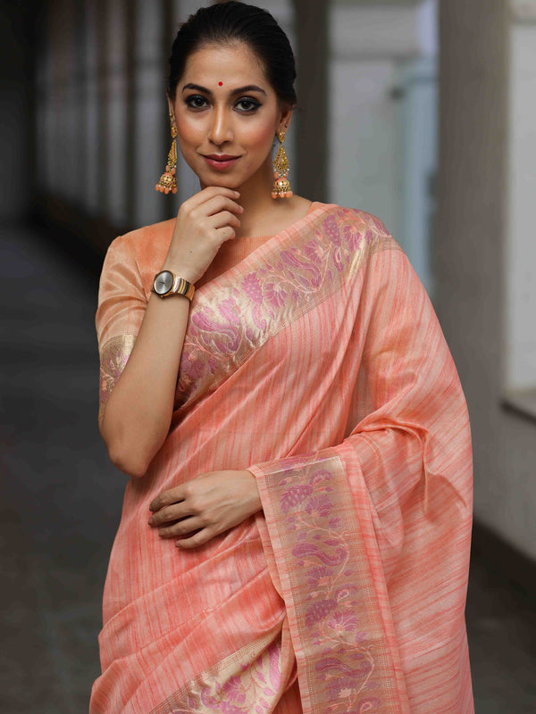Banarasee Handloom Linen Tissue Meena & Zari Border Saree-Peach