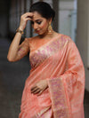 Banarasee Handloom Linen Tissue Meena & Zari Border Saree-Peach