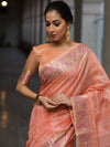 Banarasee Handloom Linen Tissue Meena & Zari Border Saree-Peach