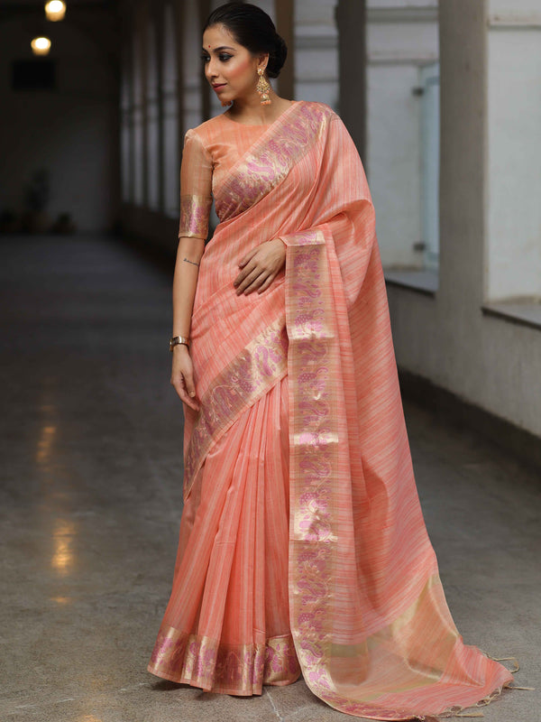 Banarasee Handloom Linen Tissue Meena & Zari Border Saree-Peach