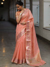 Banarasee Handloom Linen Tissue Meena & Zari Border Saree-Peach