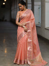 Banarasee Handloom Linen Tissue Meena & Zari Border Saree-Peach