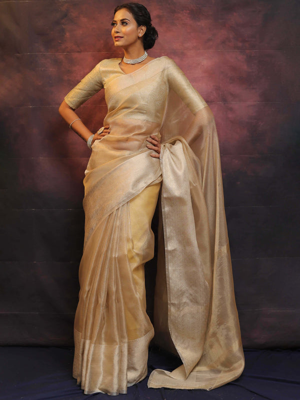 Banarasee Contrast Border Tissue Saree-Gold