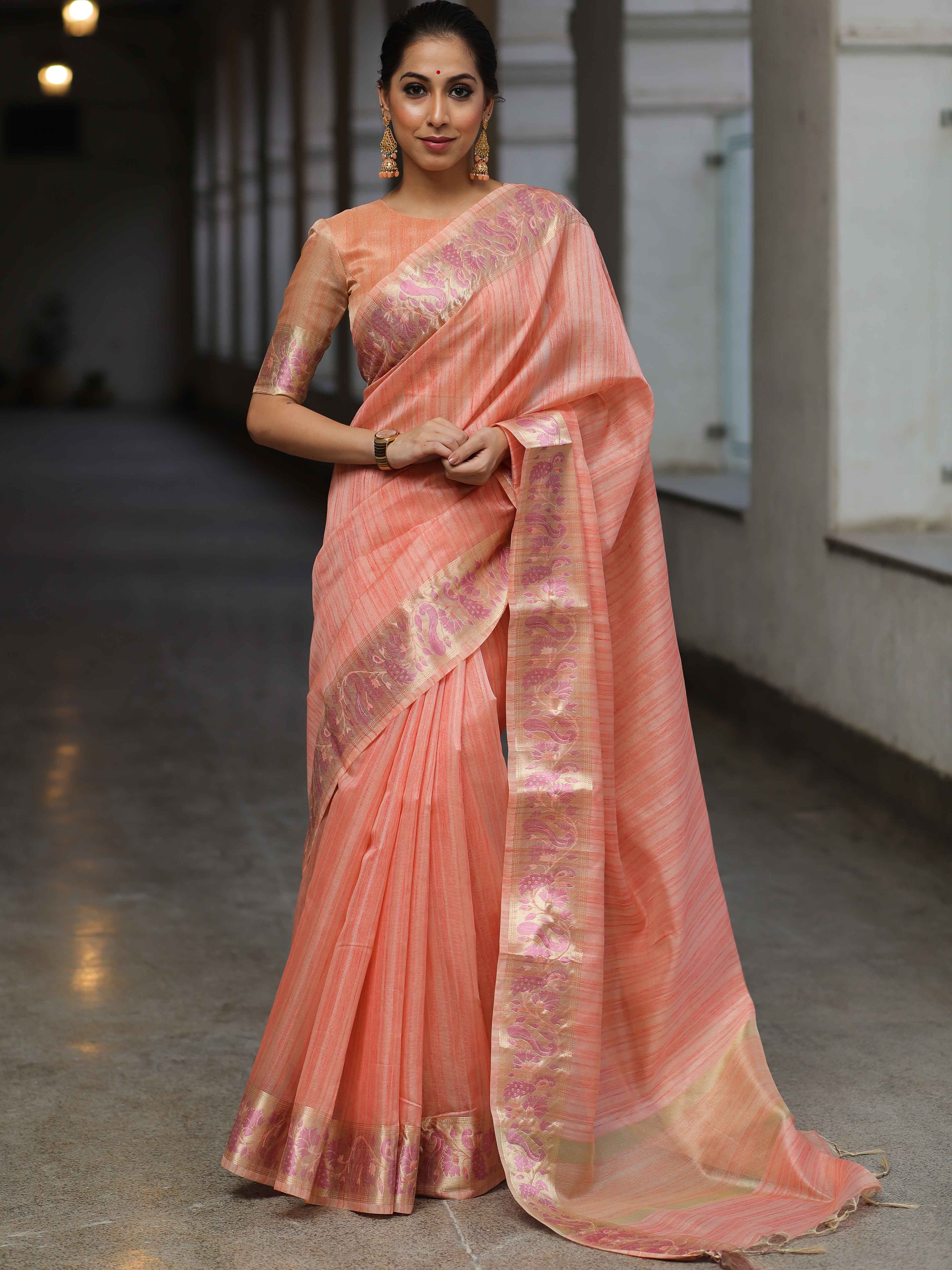 Banarasee Handloom Linen Tissue Meena & Zari Border Saree-Peach