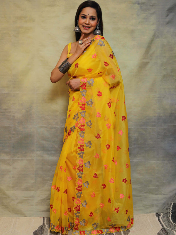 Banarasee Handwoven Organza Silk Floral Embroidered Saree-Yellow