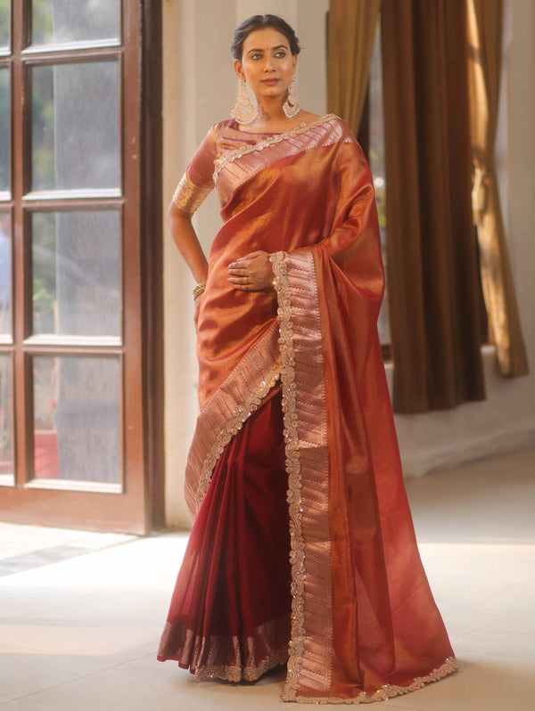 Banarasee Handwoven Plain Tissue Saree  With Zari Border & Lace-Maroon