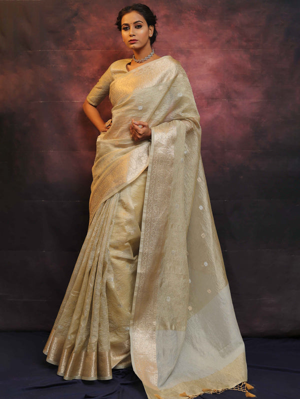 Banarasee Handwoven Silver Buta Crushed Tissue Zari Border Saree-Silver